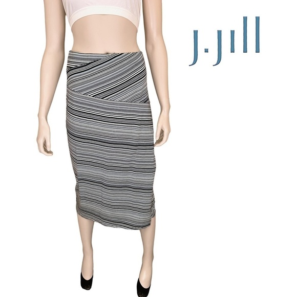 J. Jill Pencil Shirt Stripe Cotton Rayon Stretch Knit Faux Wrap Banded Tummy - Picture 1 of 15